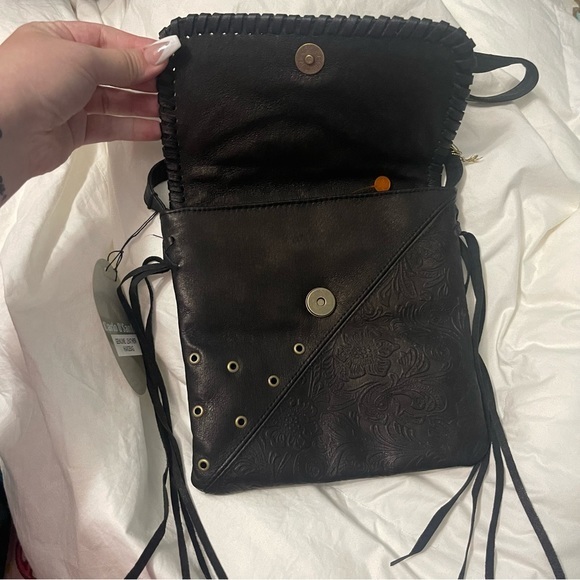 NWT Black Genuine Leather Studded Fringe Crossbody Bag - Picture 3 of 8